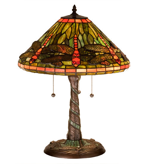 Meyda Lighting Tiffany Dragonfly 21" 3-Light Mahogany Bronze Twisted Fly Mosaic Table Lamp With Multi-Colored Stained Shade Glass