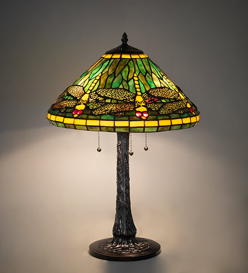 Meyda Lighting Tiffany Dragonfly 22" 3-Light Mahogany Bronze Table Lamp With Multi-Colored Stained Shade Glass