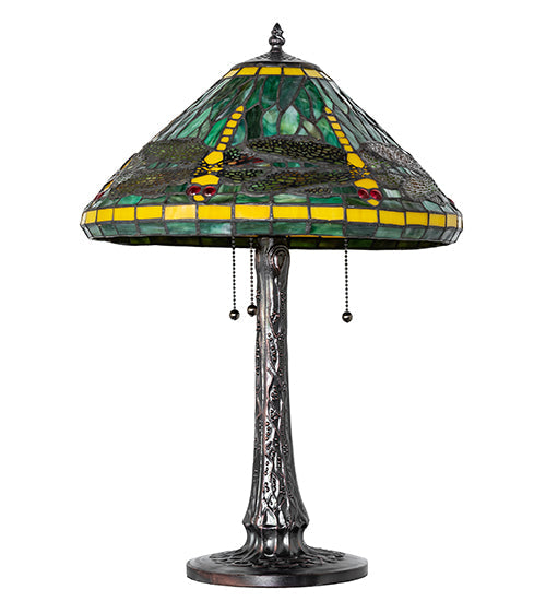 Meyda Lighting Tiffany Dragonfly 22" 3-Light Mahogany Bronze Table Lamp With Multi-Colored Stained Shade Glass