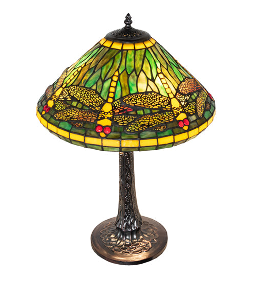 Meyda Lighting Tiffany Dragonfly 22" 3-Light Mahogany Bronze Table Lamp With Multi-Colored Stained Shade Glass