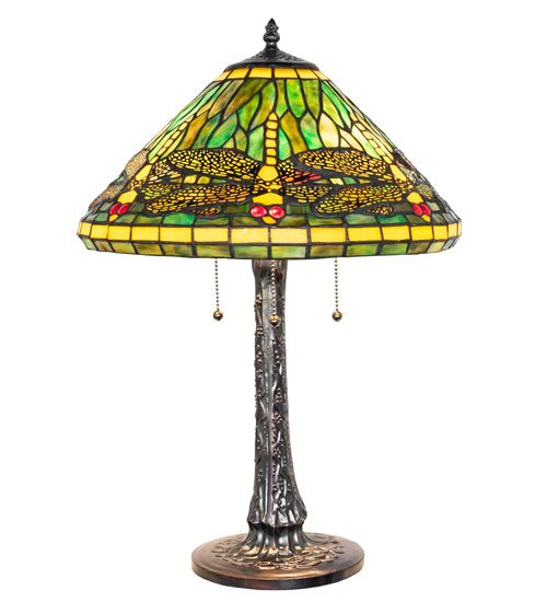 Meyda Lighting Tiffany Dragonfly 22" 3-Light Mahogany Bronze Table Lamp With Multi-Colored Stained Shade Glass