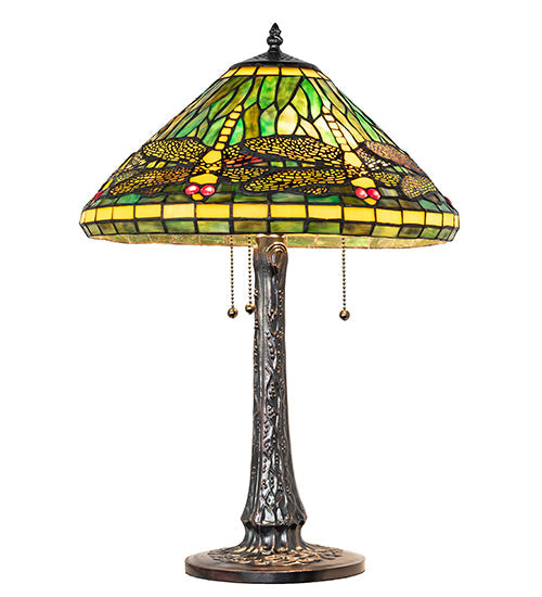 Meyda Lighting Tiffany Dragonfly 22" 3-Light Mahogany Bronze Table Lamp With Multi-Colored Stained Shade Glass