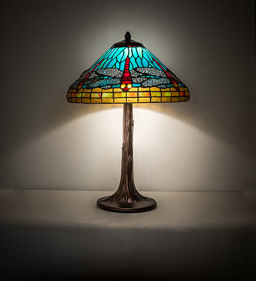 Meyda Lighting Tiffany Dragonfly 23" Mahogany Bronze Table Lamp With Multi-Colored Stained Shade Glass