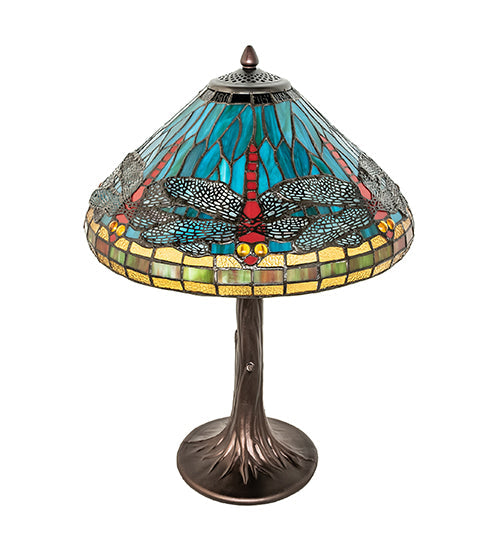 Meyda Lighting Tiffany Dragonfly 23" Mahogany Bronze Table Lamp With Multi-Colored Stained Shade Glass
