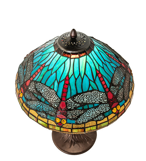 Meyda Lighting Tiffany Dragonfly 23" Mahogany Bronze Table Lamp With Multi-Colored Stained Shade Glass