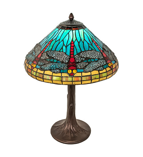 Meyda Lighting Tiffany Dragonfly 23" Mahogany Bronze Table Lamp With Multi-Colored Stained Shade Glass
