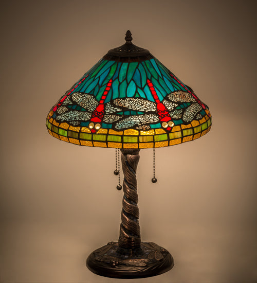 Meyda Lighting Tiffany Dragonfly 24" 3-Light Mahogany Bronze Twisted Fly Mosaic Base Table Lamp With Multi-Colored Stained Shade Glass