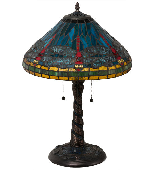 Meyda Lighting Tiffany Dragonfly 24" 3-Light Mahogany Bronze Twisted Fly Mosaic Base Table Lamp With Multi-Colored Stained Shade Glass