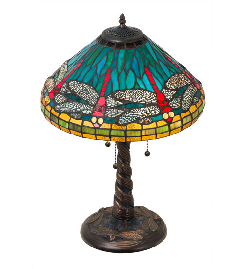 Meyda Lighting Tiffany Dragonfly 24" 3-Light Mahogany Bronze Twisted Fly Mosaic Base Table Lamp With Multi-Colored Stained Shade Glass