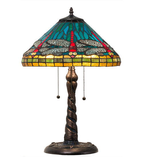Meyda Lighting Tiffany Dragonfly 24" 3-Light Mahogany Bronze Twisted Fly Mosaic Base Table Lamp With Multi-Colored Stained Shade Glass