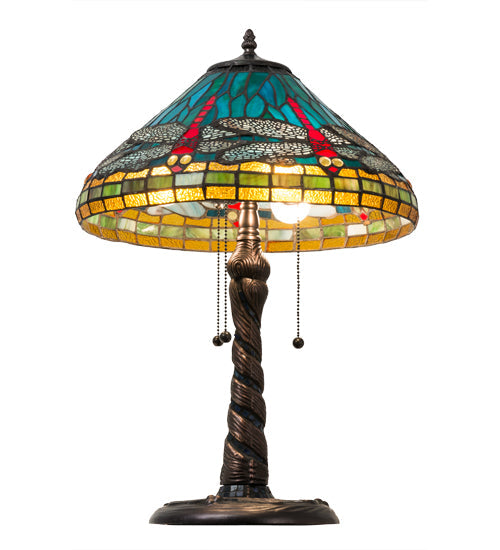 Meyda Lighting Tiffany Dragonfly 24" 3-Light Mahogany Bronze Twisted Fly Mosaic Base Table Lamp With Multi-Colored Stained Shade Glass