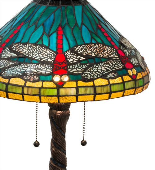 Meyda Lighting Tiffany Dragonfly 24" 3-Light Mahogany Bronze Twisted Fly Mosaic Base Table Lamp With Multi-Colored Stained Shade Glass