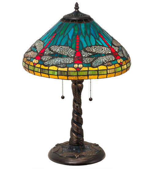 Meyda Lighting Tiffany Dragonfly 24" 3-Light Mahogany Bronze Twisted Fly Mosaic Base Table Lamp With Multi-Colored Stained Shade Glass