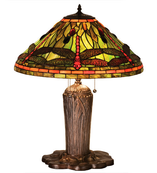 Meyda Lighting Tiffany Dragonfly 25" 3-Light Mahogany Bronze Table Lamp With Multi-Colored Shade Glass