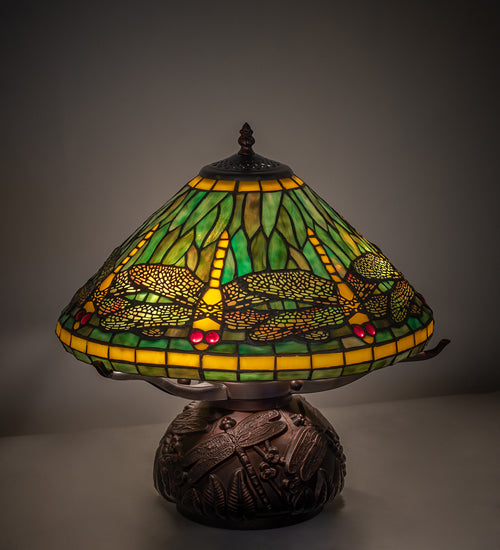 Meyda Lighting Tiffany Dragonfly 261256 17" 3-Light Mahogany Bronze Table Lamp With Multi-Colored Shade Glass