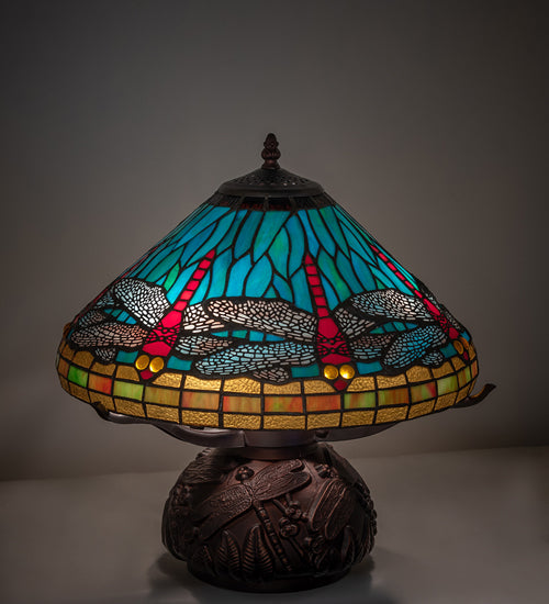 Meyda Lighting Tiffany Dragonfly 261259 17" 3-Light Mahogany Bronze Table Lamp With Multi-Colored Shade Glass
