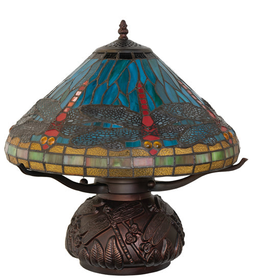 Meyda Lighting Tiffany Dragonfly 261259 17" 3-Light Mahogany Bronze Table Lamp With Multi-Colored Shade Glass