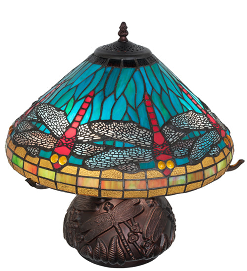 Meyda Lighting Tiffany Dragonfly 261259 17" 3-Light Mahogany Bronze Table Lamp With Multi-Colored Shade Glass