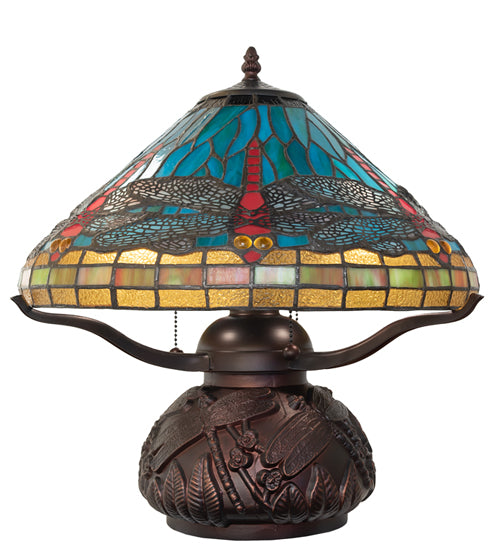 Meyda Lighting Tiffany Dragonfly 261259 17" 3-Light Mahogany Bronze Table Lamp With Multi-Colored Shade Glass