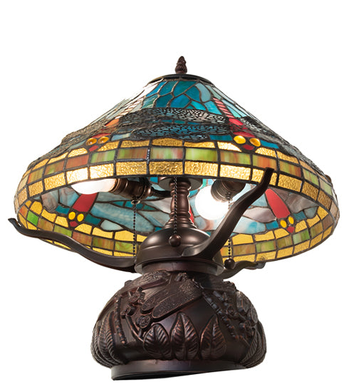 Meyda Lighting Tiffany Dragonfly 261259 17" 3-Light Mahogany Bronze Table Lamp With Multi-Colored Shade Glass