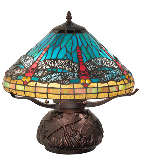 Meyda Lighting Tiffany Dragonfly 261259 17" 3-Light Mahogany Bronze Table Lamp With Multi-Colored Shade Glass