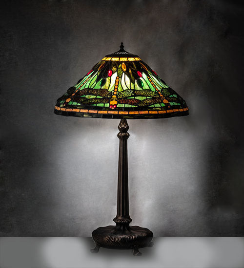 Meyda Lighting Tiffany Dragonfly 31" Mahogany Bronze Table Lamp With Multi-Colored Shade Glass