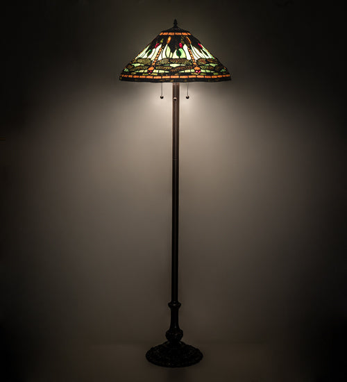 Meyda Lighting Tiffany Dragonfly 60" 3-Light Mahogany Bronze Floor Lamp With Multi-Colored Shade Glass