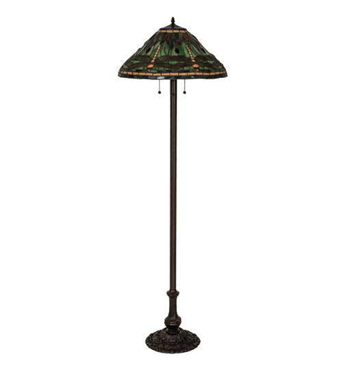 Meyda Lighting Tiffany Dragonfly 60" 3-Light Mahogany Bronze Floor Lamp With Multi-Colored Shade Glass