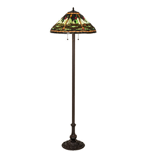 Meyda Lighting Tiffany Dragonfly 60" 3-Light Mahogany Bronze Floor Lamp With Multi-Colored Shade Glass