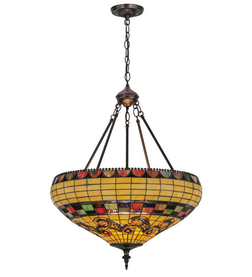 Meyda Lighting Tiffany Edwardian 23" 3-Light Mahogany Bronze Inverted Pendant Light With Multi-Colored Stained Shade Glass