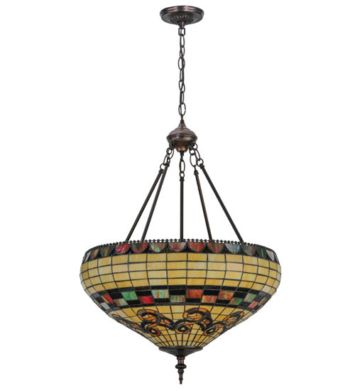 Meyda Lighting Tiffany Edwardian 23" 3-Light Mahogany Bronze Inverted Pendant Light With Multi-Colored Stained Shade Glass