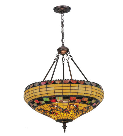 Meyda Lighting Tiffany Edwardian 23" 3-Light Mahogany Bronze Inverted Pendant Light With Multi-Colored Stained Shade Glass