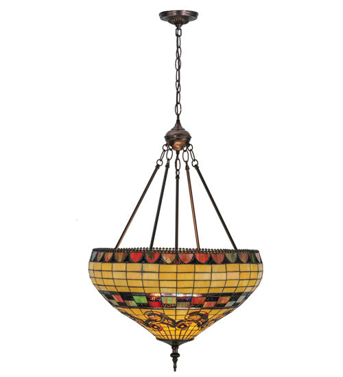 Meyda Lighting Tiffany Edwardian 23" 3-Light Mahogany Bronze Inverted Pendant Light With Multi-Colored Stained Shade Glass