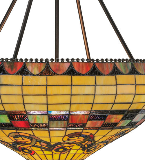 Meyda Lighting Tiffany Edwardian 23" 3-Light Mahogany Bronze Inverted Pendant Light With Multi-Colored Stained Shade Glass