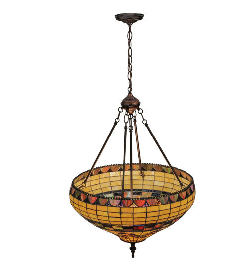 Meyda Lighting Tiffany Edwardian 23" 3-Light Mahogany Bronze Inverted Pendant Light With Multi-Colored Stained Shade Glass