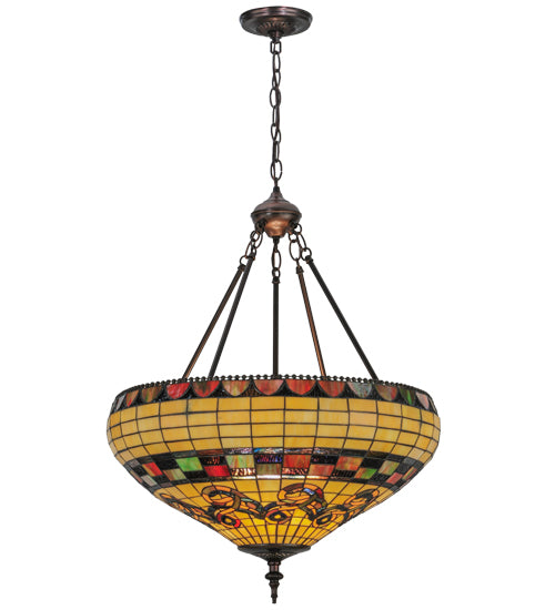 Meyda Lighting Tiffany Edwardian 23" 3-Light Mahogany Bronze Inverted Pendant Light With Multi-Colored Stained Shade Glass