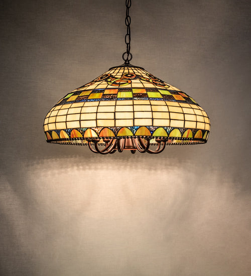 Meyda Lighting Tiffany Edwardian 23" 9-Light Mahogany Bronze Pendant Light With Multi-Colored Stained Shade Glass