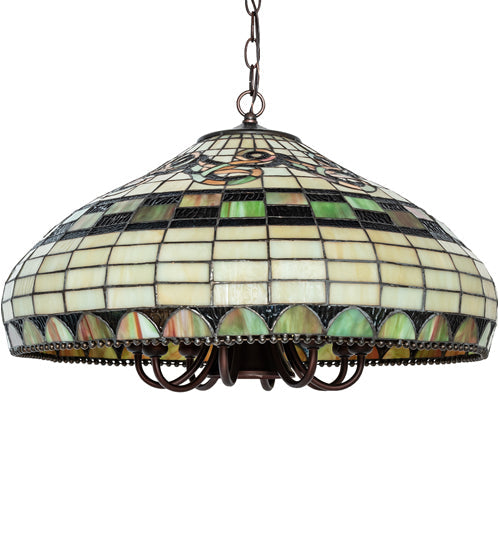Meyda Lighting Tiffany Edwardian 23" 9-Light Mahogany Bronze Pendant Light With Multi-Colored Stained Shade Glass