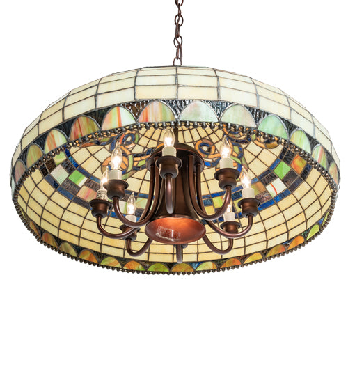 Meyda Lighting Tiffany Edwardian 23" 9-Light Mahogany Bronze Pendant Light With Multi-Colored Stained Shade Glass