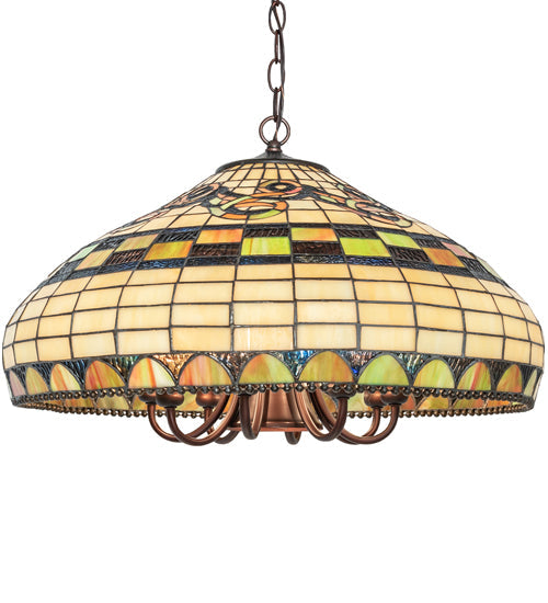 Meyda Lighting Tiffany Edwardian 23" 9-Light Mahogany Bronze Pendant Light With Multi-Colored Stained Shade Glass