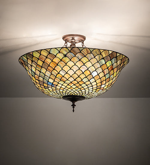 Meyda Lighting Tiffany Fishscale 24" 3-Light Mahogany Bronze Flush Mount Light With Green & Blue Shade Glass