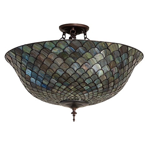 Meyda Lighting Tiffany Fishscale 24" 3-Light Mahogany Bronze Flush Mount Light With Green & Blue Shade Glass
