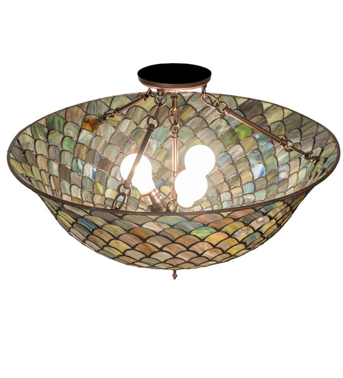 Meyda Lighting Tiffany Fishscale 24" 3-Light Mahogany Bronze Flush Mount Light With Green & Blue Shade Glass