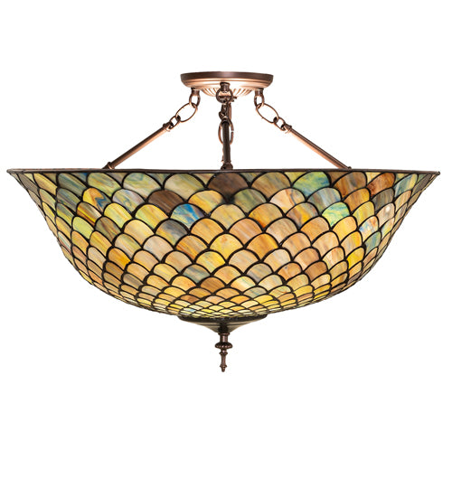 Meyda Lighting Tiffany Fishscale 24" 3-Light Mahogany Bronze Flush Mount Light With Green & Blue Shade Glass