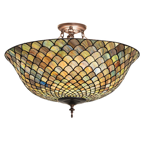 Meyda Lighting Tiffany Fishscale 24" 3-Light Mahogany Bronze Flush Mount Light With Green & Blue Shade Glass