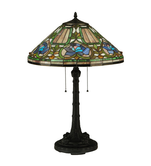 Meyda Lighting Tiffany Floral 27" 2-Light Mahogany Bronze Table Lamp With Multi-Colored Shade Glass