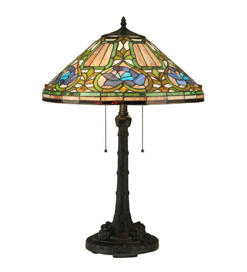 Meyda Lighting Tiffany Floral 27" 2-Light Mahogany Bronze Table Lamp With Multi-Colored Shade Glass