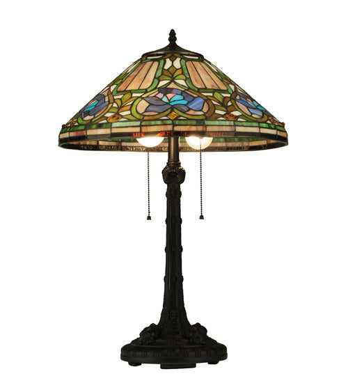 Meyda Lighting Tiffany Floral 27" 2-Light Mahogany Bronze Table Lamp With Multi-Colored Shade Glass
