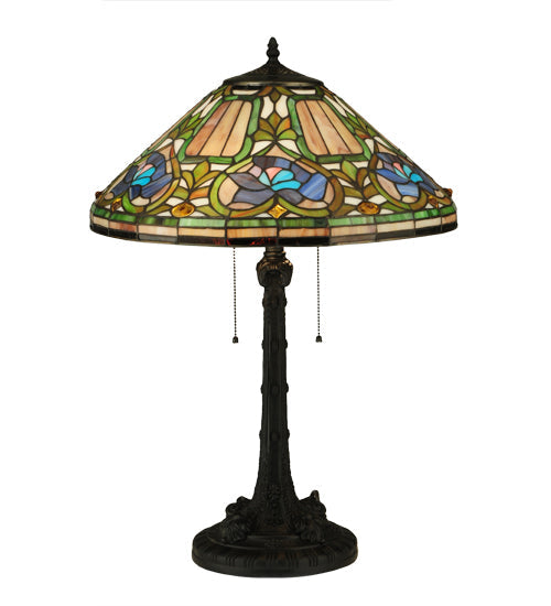 Meyda Lighting Tiffany Floral 27" 2-Light Mahogany Bronze Table Lamp With Multi-Colored Shade Glass