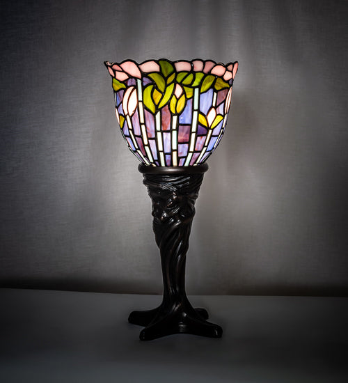 Meyda Lighting Tiffany Flowering Lotus 15" Mahogany Bronze Mini Table Lamp With Multi-Colored Stained Shade Glass